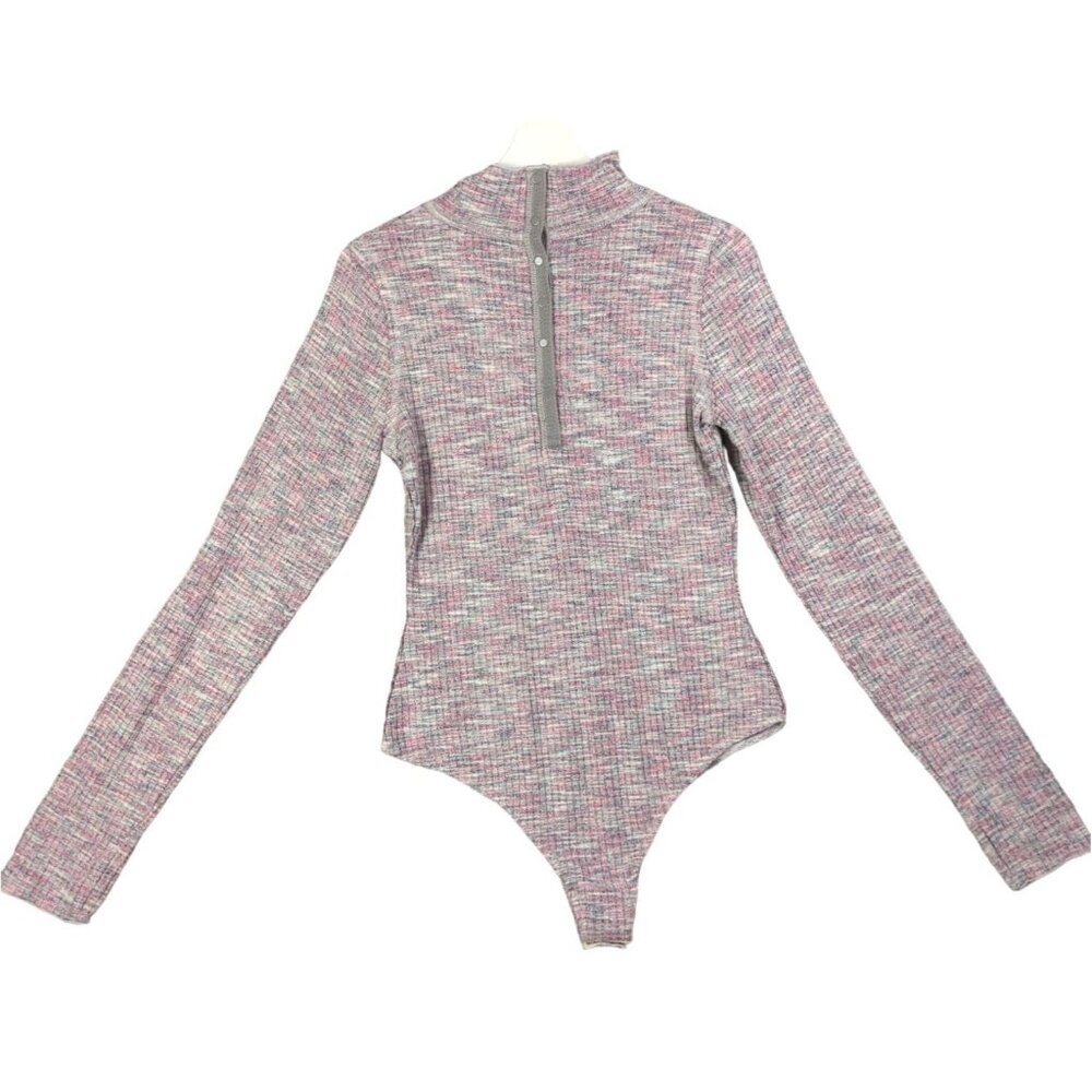 FREE PEOPLE Mockneck Long Sleeve Snap Back Bodysuit Women SZ L Colorful Rib Knit